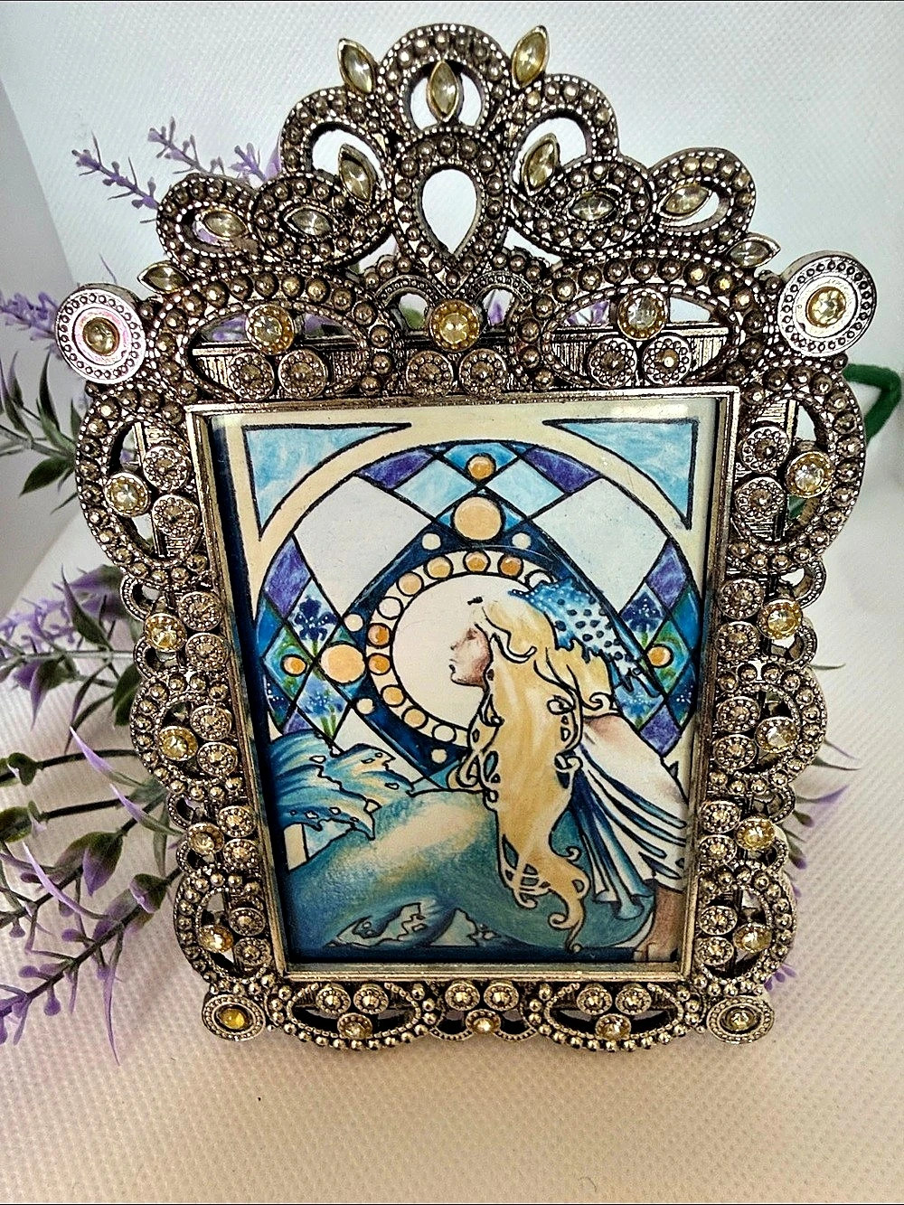 Art Nouveau Mermaid ACEO by Chandra Valli Paetsch colored pencil Blue Gold